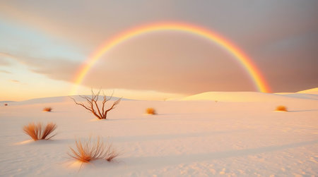A serene desert landscape under a beautiful rainbow. Evokes feelings of peace, hope, and the beauty of nature, ideal for travel or inspirational content.の素材