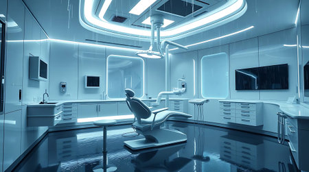 A modern dental clinic's interior provides a clean, sterile, and technologically advanced environment for optimal patient care, comfort, and hygiene.の素材