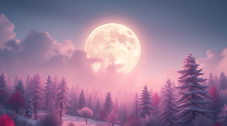 A dreamy pink winter forest landscape with a glowing full moon creates a magical and whimsical atmosphere perfect for fantasy or holiday themed designs.の素材