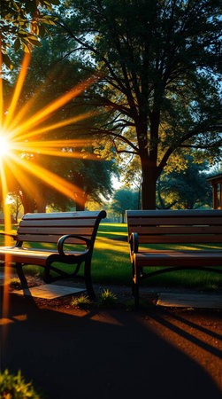 Experience the magic of golden hour in this serene park scene. Empty benches bathed in warm sunbeams evoke peace, tranquility, and a perfect escape.の素材