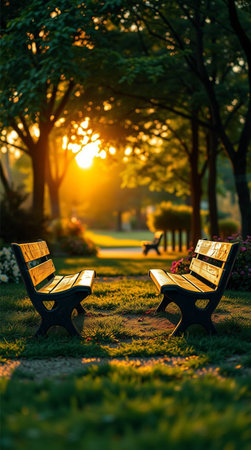 Golden hour sunlight streams through trees, illuminating empty park benches in a tranquil setting. Perfect for conveying peace, reflection, and the beauty of quiet moments outdoors.の素材