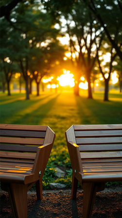 Experience the serene beauty of an empty park bathed in golden hour light. Two benches invite peaceful reflection, perfect for capturing moments of tranquility and outdoor escape.の素材