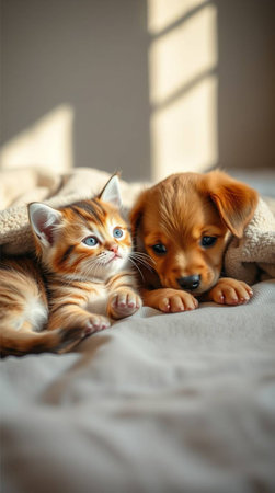 Experience heartwarming moments with this adorable kitten and puppy duo, snuggled together in pure bliss. Perfect for conveying themes of friendship, comfort, and unconditional love.の素材