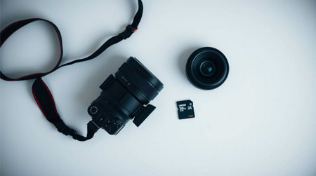 Essential professional photography equipment laid out and ready. Capture your next masterpiece with this sleek camera, versatile lens, and reliable memory card. Elevate your visual storytelling.の素材