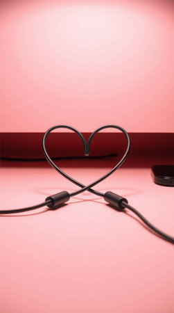This creative composition uses black wires to form a heart, symbolizing connection and modern love in the digital age. Perfect for themes of romance, technology, and relationships.の素材