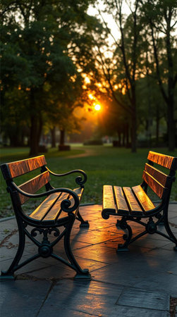 Experience ultimate tranquility with park benches bathed in warm golden sunset light, perfect for peaceful moments and serene outdoor escapes.の素材