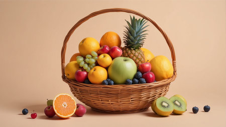 A stunning array of fresh, colorful fruits in a rustic basket. Perfect for illustrating healthy eating, wellness, or a fresh market concept. Ideal for cookbooks, food blogs, or lifestyle projects.の素材