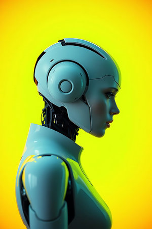 A striking cyborg portrait against a vibrant yellow backdrop. This image conveys futuristic innovation and technological advancement, perfect for projects related to AI, robotics, and digital transformation.の素材