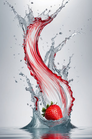 A stunning strawberry bursts into a splash of water, creating a vibrant and refreshing visual. Perfect for health, wellness, and food-related marketing, this image evokes a sense of freshness and vitality. Use it to enhance your brand's visual appeal.の素材
