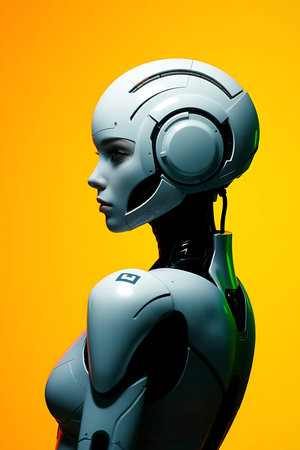 A stunning futuristic android woman in a sleek design. Perfect for tech, AI, and future-focused projects. Evokes a sense of innovation and advanced technology, ideal for commercial use.の素材