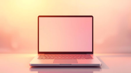 A sleek laptop with a blank screen provides a perfect canvas for showcasing websites, apps, or creative designs. Ideal for business presentations, marketing materials, or product mockups, this image exudes professionalism.の素材