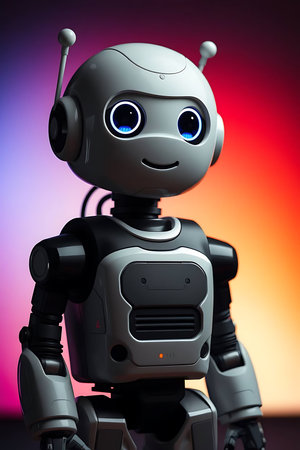 A cheerful, modern robot with glowing eyes and a friendly smile. Perfect for tech, AI, or future-themed projects. Evokes feelings of innovation, playfulness, and technological advancement. Great for branding, advertising, and digital content.の素材