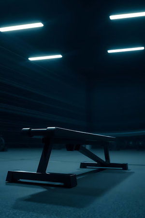A sleek gym bench illuminated by cool, atmospheric lighting. Ideal for showcasing fitness, workout routines, or health and wellness content. Perfect for professional branding or modern lifestyle projects.の素材