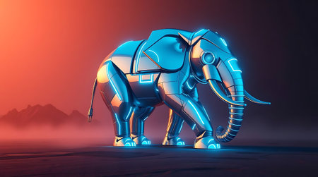 See the future of wildlife! A powerful robotic elephant with neon accents navigates a surreal desert landscape. Perfect for futuristic designs and concepts.の素材