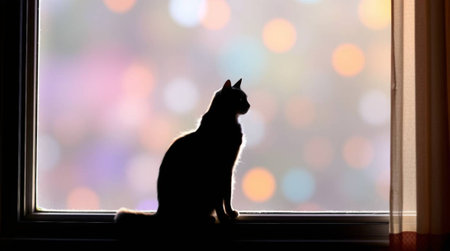 Silhouette of a sleek black cat serenely watching colorful bokeh lights from a cozy windowsill inside. Perfect for conveying peace, curiosity, or domestic bliss.の素材