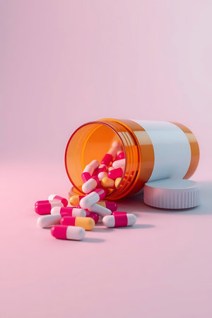 Pills spilling from an amber bottle offer hope and healing. Use for modern health, wellness, treatment, or medical campaigns to inspire trust and security.の素材