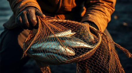 Experience the thrill of fishing with this captivating scene of a fisherman's fresh catch, bathed in the warm glow of the golden hour. Perfect for travel and lifestyle.の素材