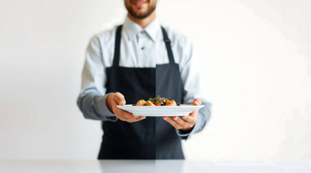 Upscale dining experience with a waiter presenting a fresh gourmet salad. Perfect for restaurant promotions, food blogs, or menu designs. Impress your audience now!の素材