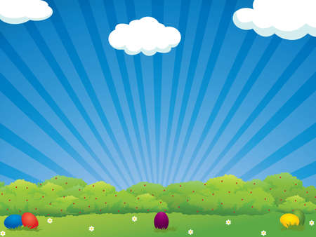 Colorful Easter eggs in the meadow - holiday background のイラスト素材