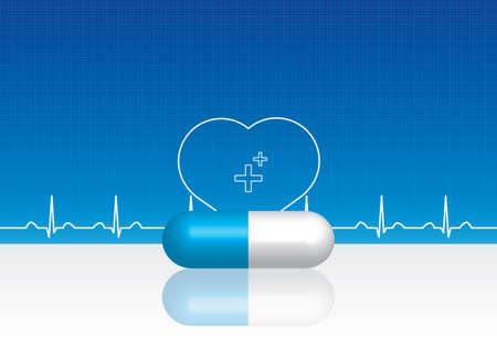 Blue pills, heartbeat on blue technological background. Scientific, medical purposes. のイラスト素材