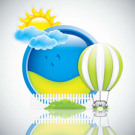 Spring frame with hot air balloon and sunのイラスト素材