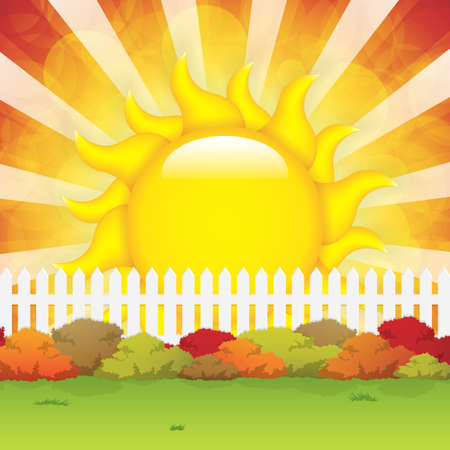 Autumn garden with bushes and fenceのイラスト素材