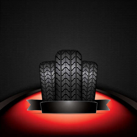 Black rubber tire on red background, vector illustration のイラスト素材