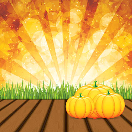 Pumpkins on wooden background with leaves. Autumn background. Vector. のイラスト素材