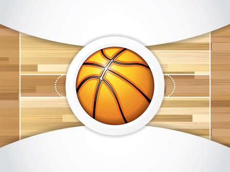 A realistic vector hardwood textured basketball court with basketball in the center courtのイラスト素材