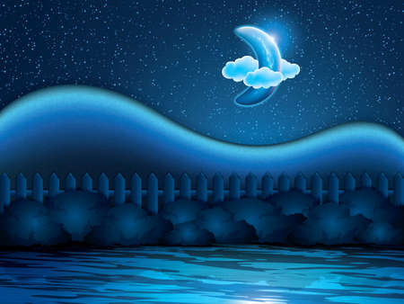 Nightly landscape with half moon. Sweet dreams wallpaper.Vector illustrationのイラスト素材