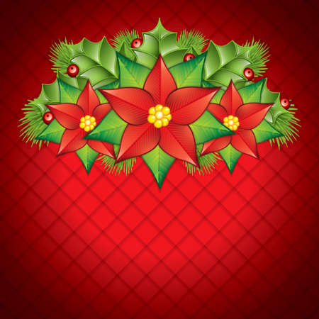 Christmas card with holly and poinsettia decoration. Vector illustrationのイラスト素材