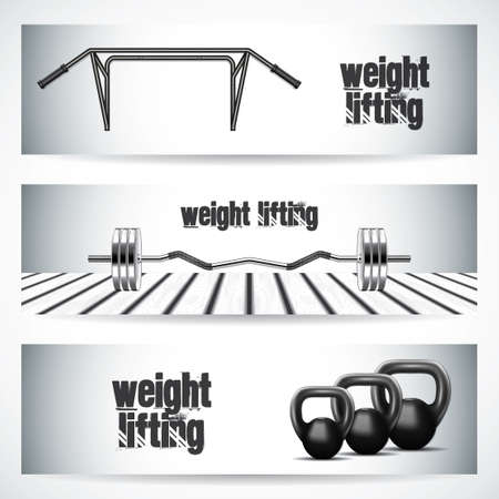 Sport banner horizontal set with weight lifting equipment vector illustrationのイラスト素材