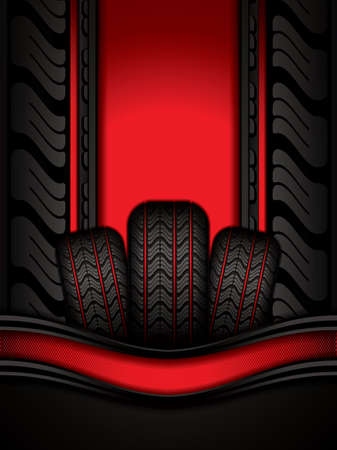 Black rubber tires on red background, vector illustrationのイラスト素材
