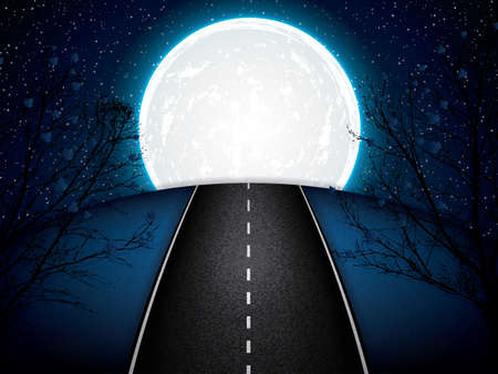 Asphalt road night bright illuminated large moonのイラスト素材
