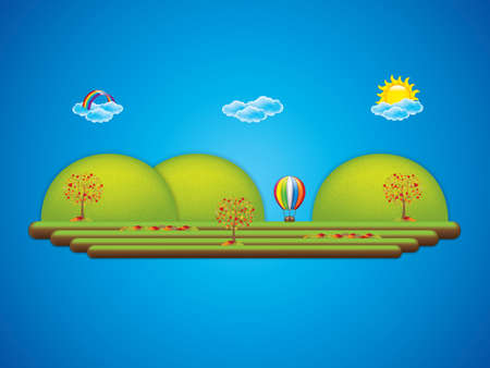 Autumn nature landscape with hot air balloon, rainbow and cloudsのイラスト素材