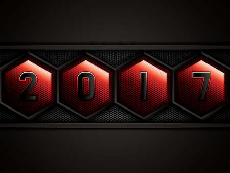 Happy new year 2017 creative greeting card design.Red metallic grid background.Vector.