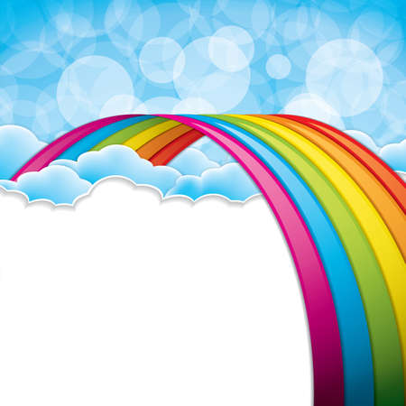 Bright arched rainbow with clouds realistic vector illustrationのイラスト素材