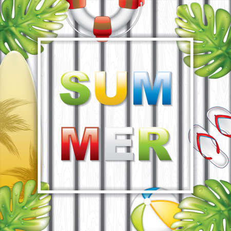 Summer time vector banner design with colorful beach elements on gray wooden background.のイラスト素材