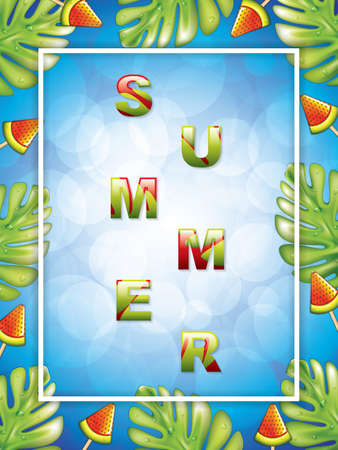 Summer greeting card lettering design with colorful tropical jungle art and watermelon ice cream.のイラスト素材