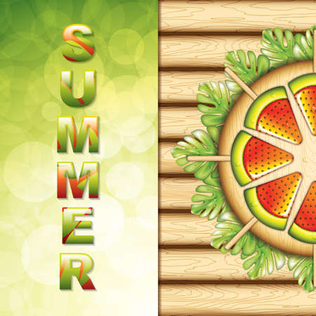 Watermelon ice cream on a brown wooden plate.Watermelon on a stick.Summer concept design.のイラスト素材