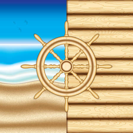Realistic wooden ship steering wheel brochure with seaside on background.のイラスト素材