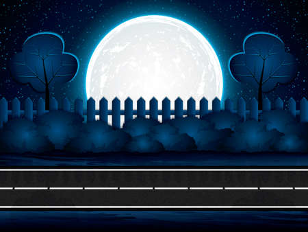 Asphalt road night bright illuminated large moonのイラスト素材
