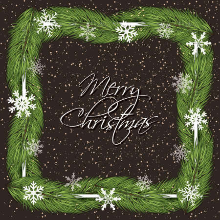 Holiday greeting card with christmas tree branches and snow flakes.Vector illustration.のイラスト素材