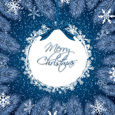 Blue Christmas background with fir branches, bow and snow flakes.Vector illustration.のイラスト素材