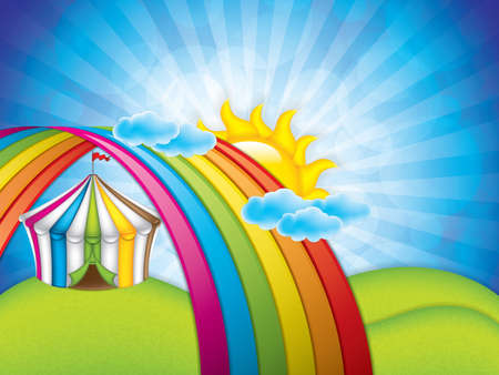 Spring concept with striped circus tent under the rainbow. Vector illustration.のイラスト素材