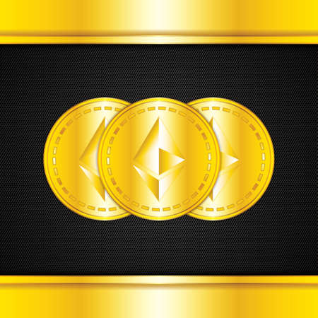 Golden ethereum coin.Crypto currency golden coin ethereum symbol on black metallic background.Vector illustrationのイラスト素材