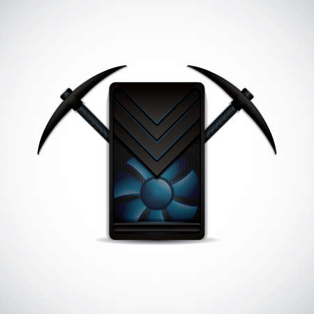 Crypto mining concept with PC and pickaxes on silver background.Vector illustration.のイラスト素材