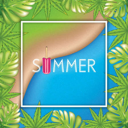 Top view beach background with palm leaves and ice creamのイラスト素材