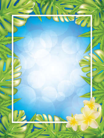 Summer tropical vector design with palm leaves and flowersのイラスト素材