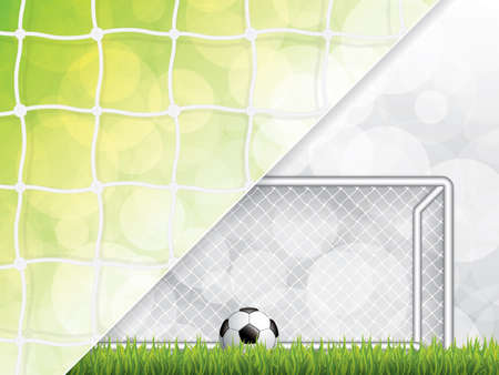 Soccer ball on grass in front of goal post, vector illustrationのイラスト素材